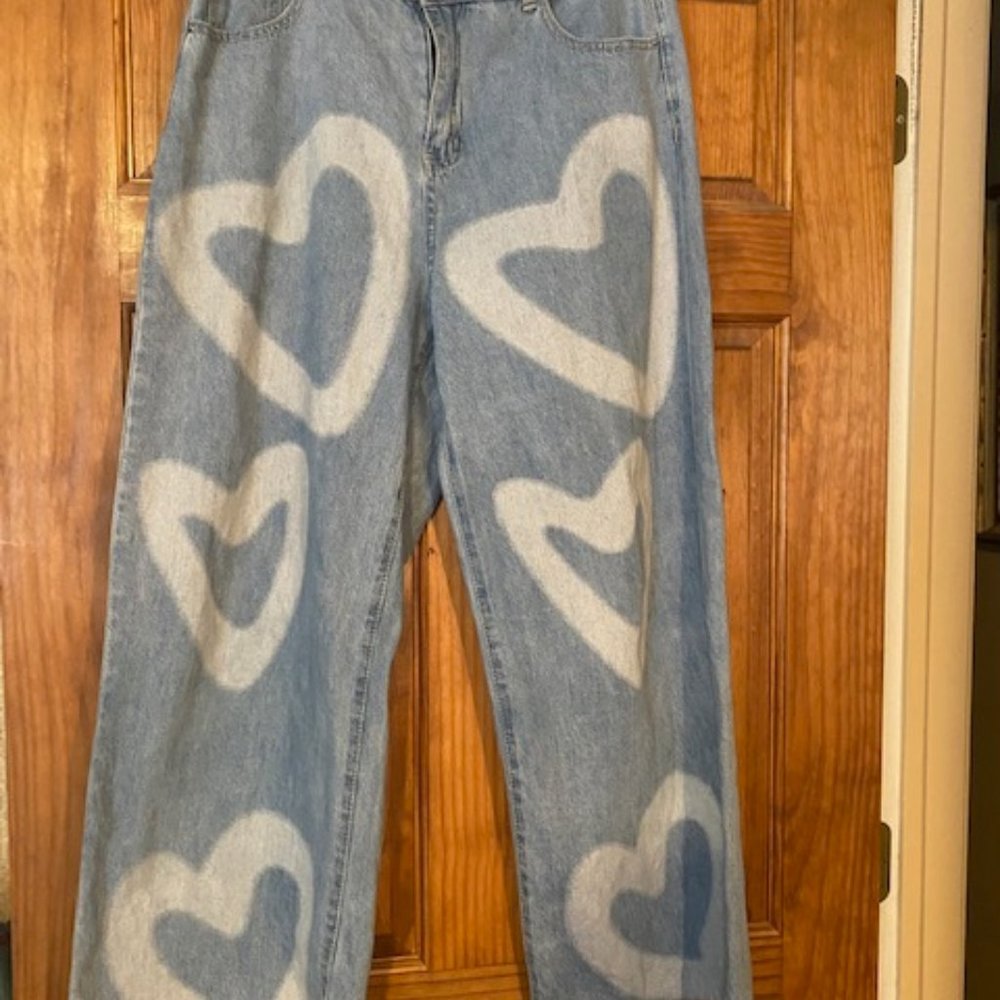 Shein Heart  print Jeans size large wide leg - Picture 5 of 13
